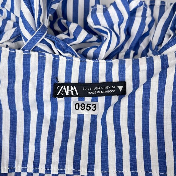Zara‎ Puff Sleeve Striped Wrap Blouse Rhinestone Belted Waist Blue White Women S - Picture 7 of 12